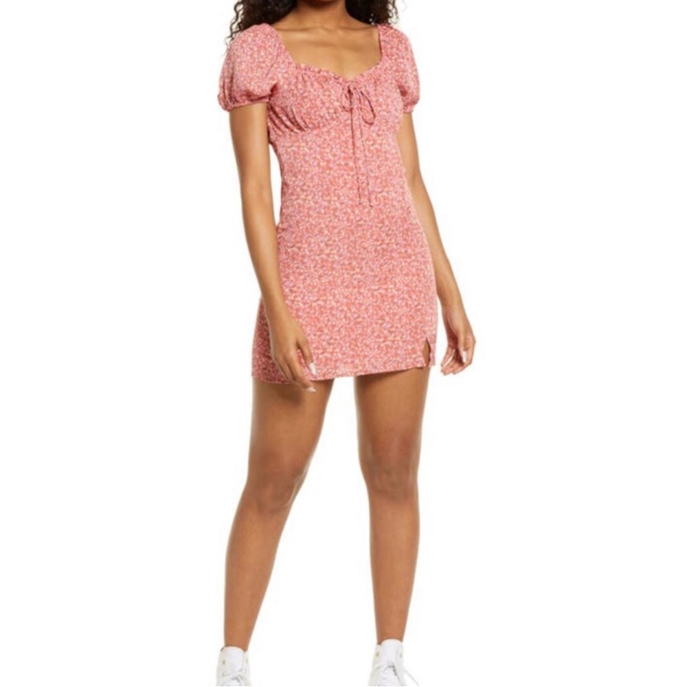 BP Women’s Sweetheart Puff Sleeve Tie Neck Floral Mini Dress, Pink Size Large